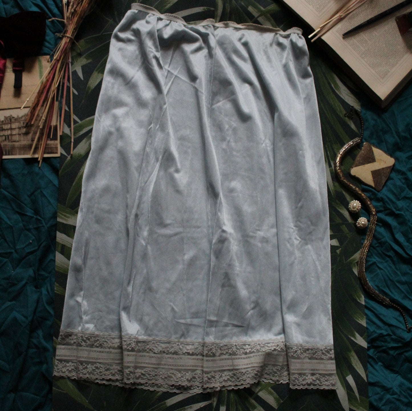 Blush blue half slip with floral trim