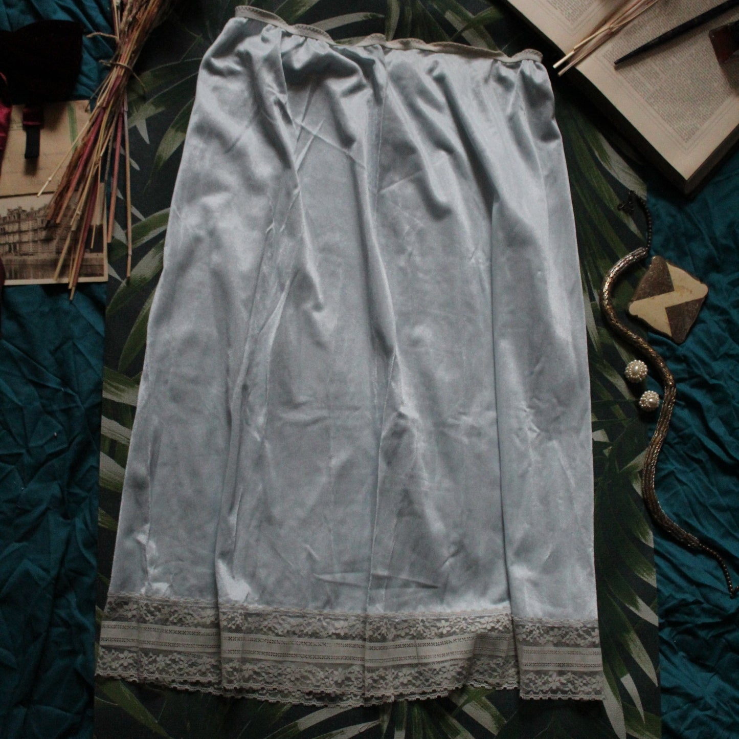 Blush blue half slip with floral trim