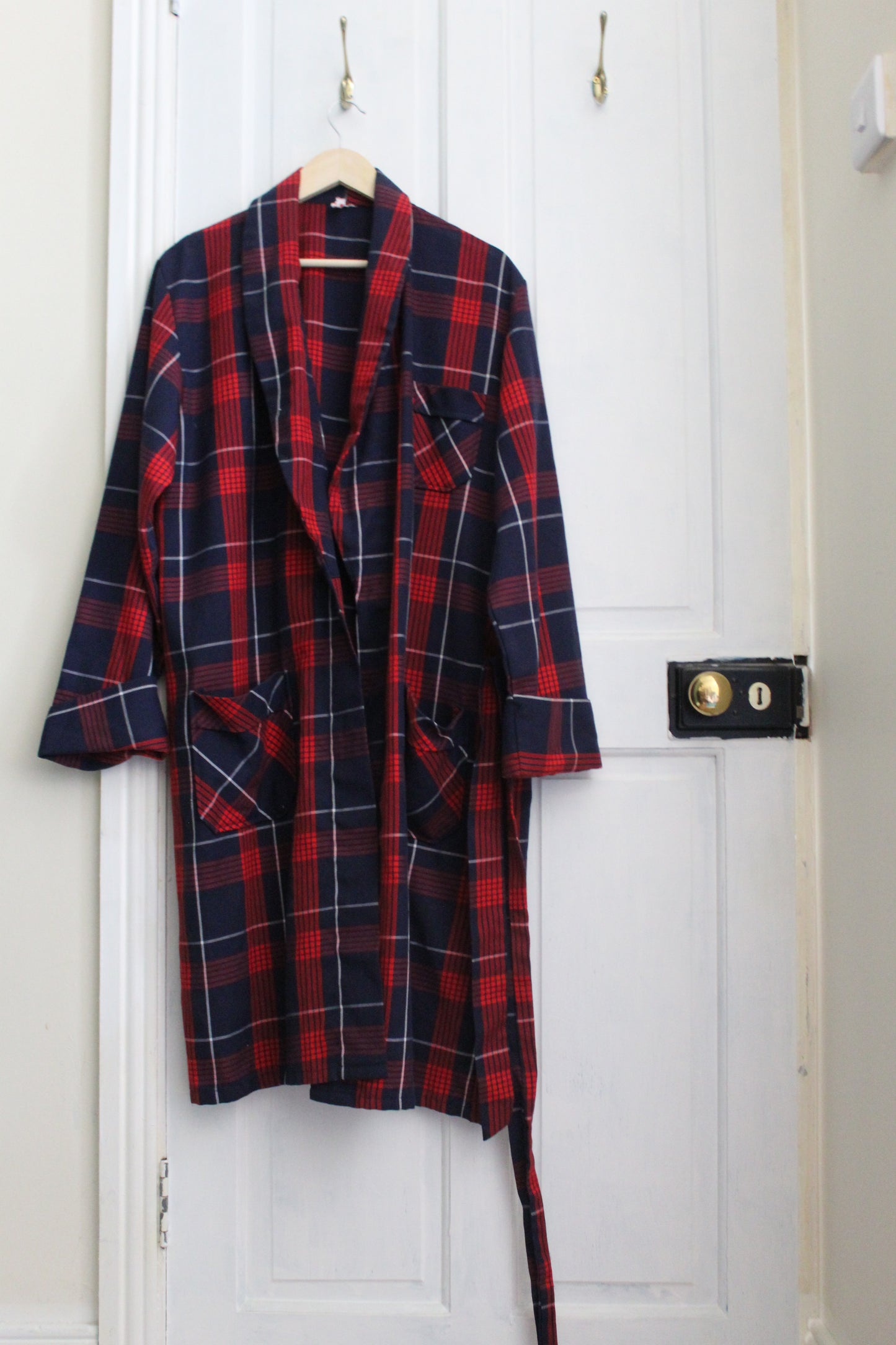 Navy and red check robe