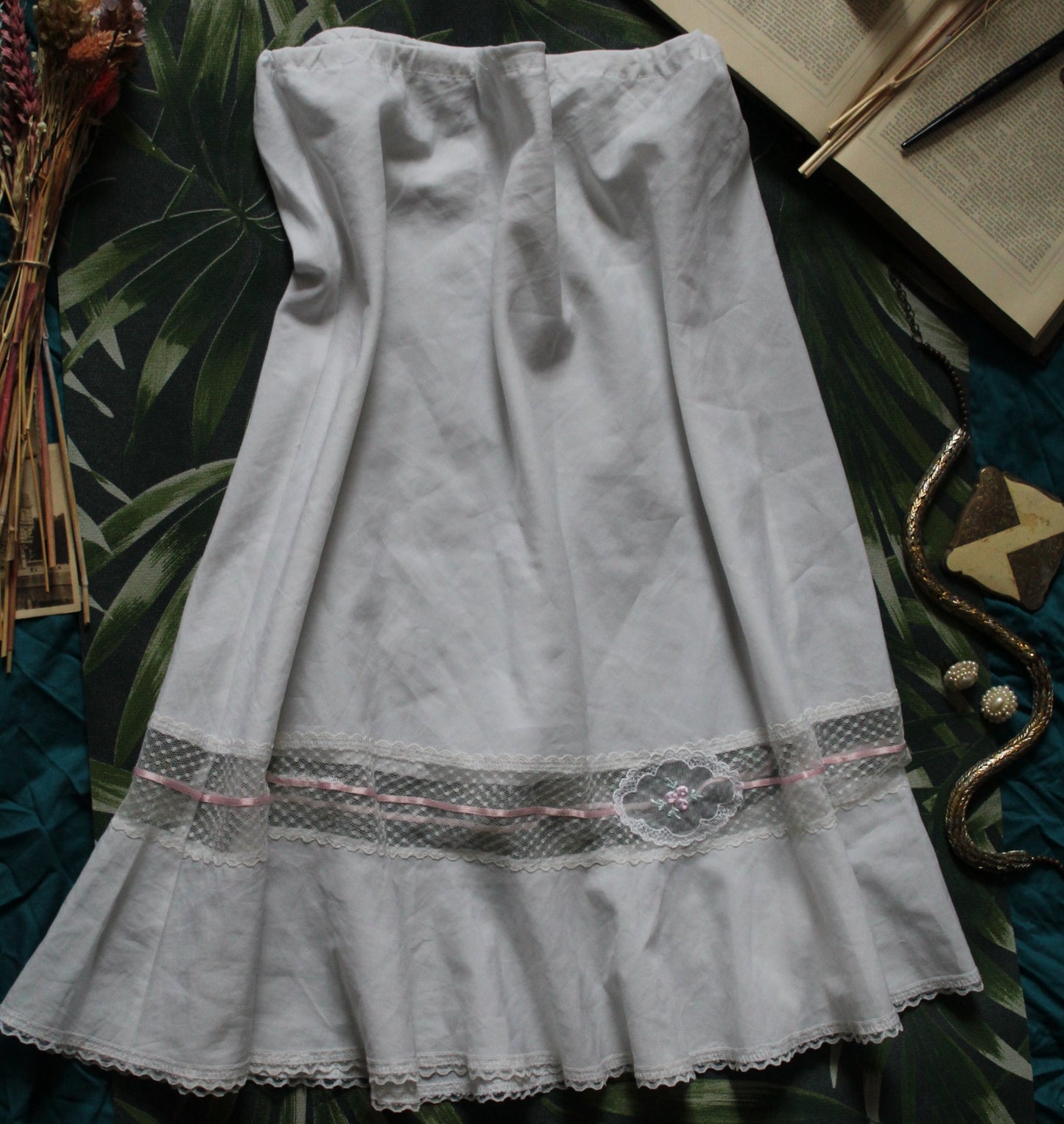 Prairie style half slip with pink ribbon detail