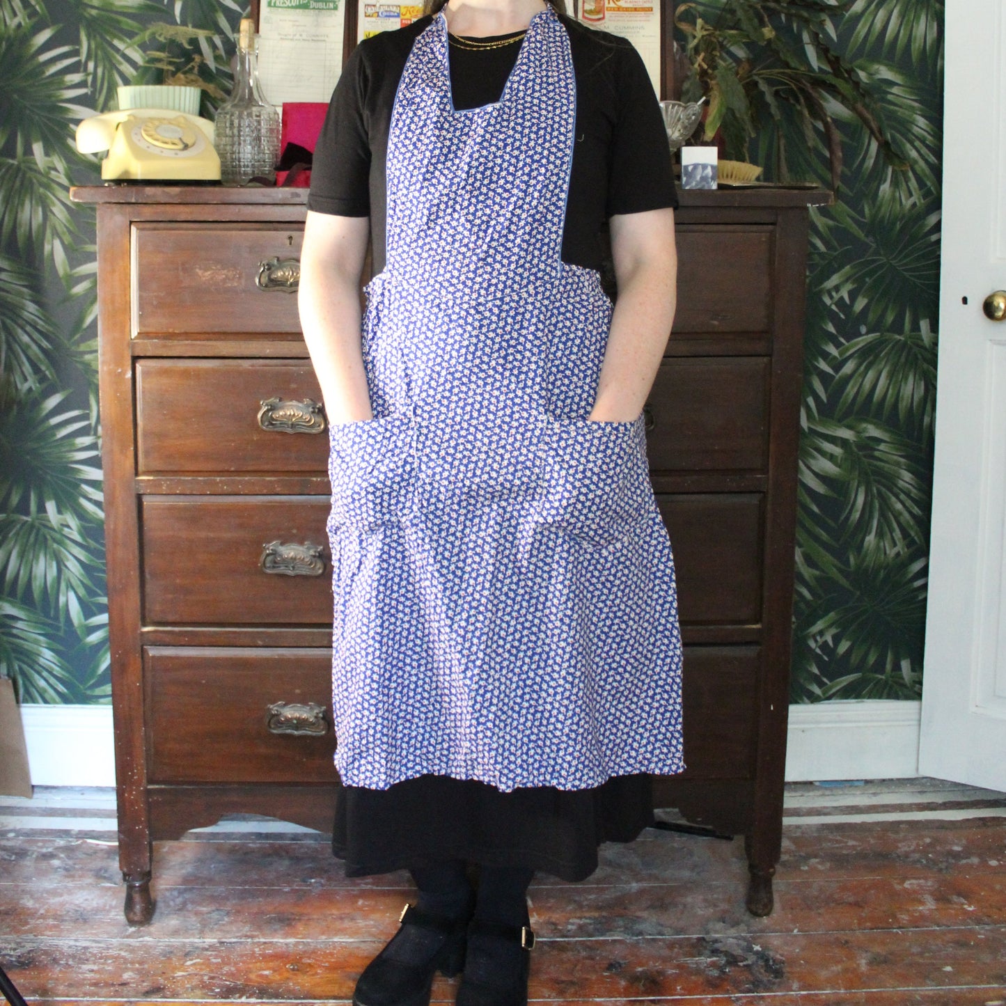 Midnight blue apron with white floral