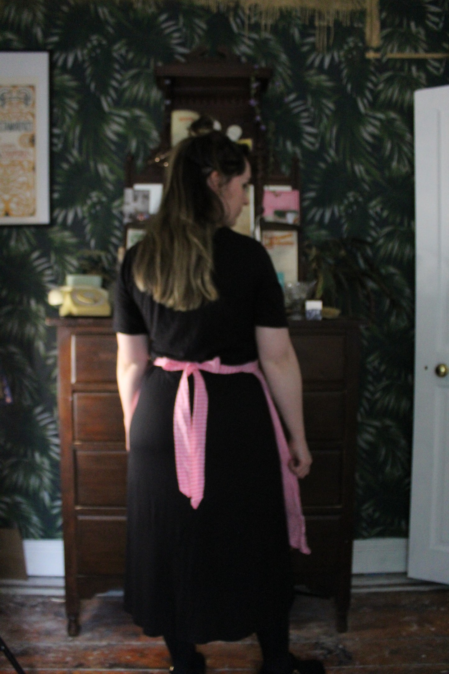 Pink and white candy stripe half apron