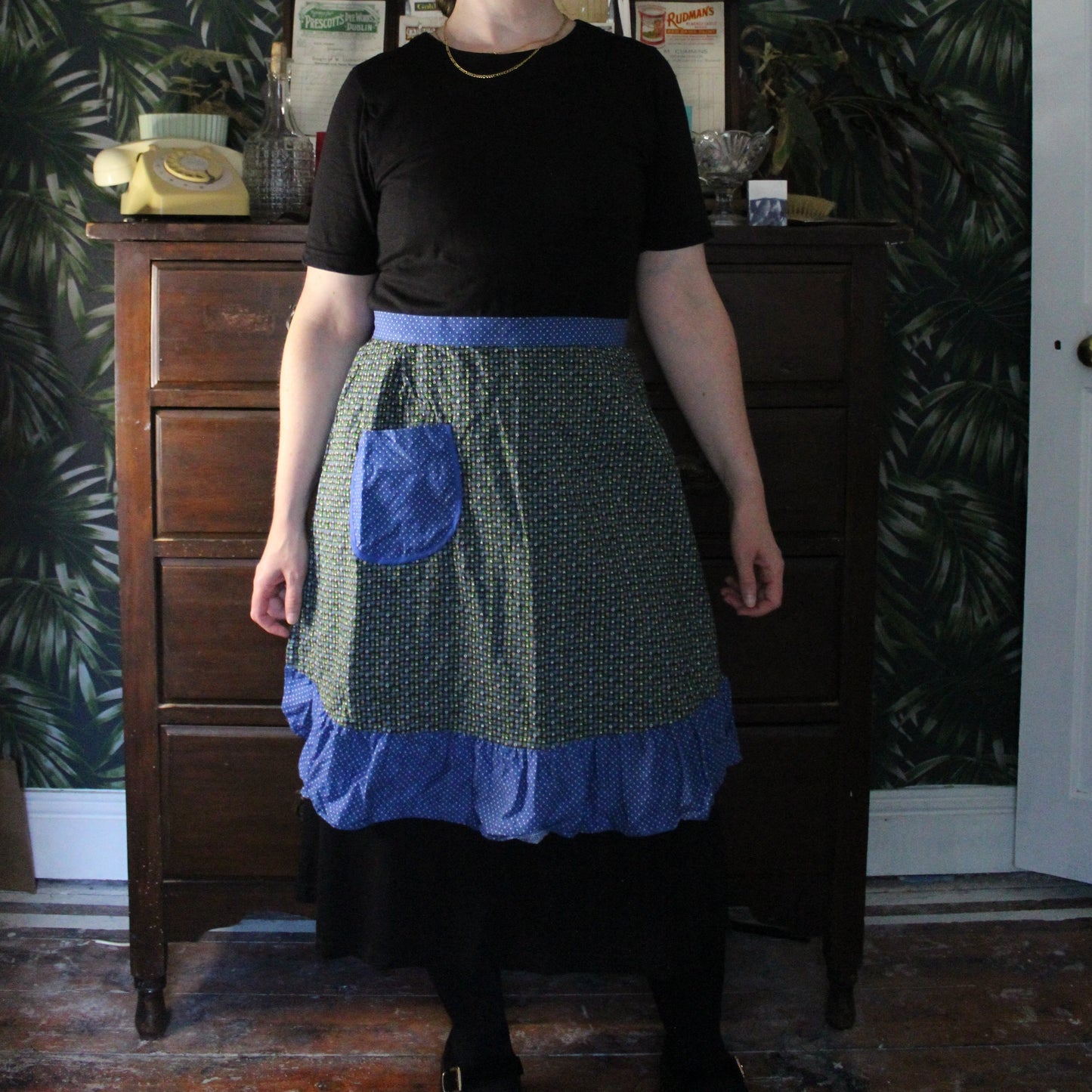 Royal blue and green half apron