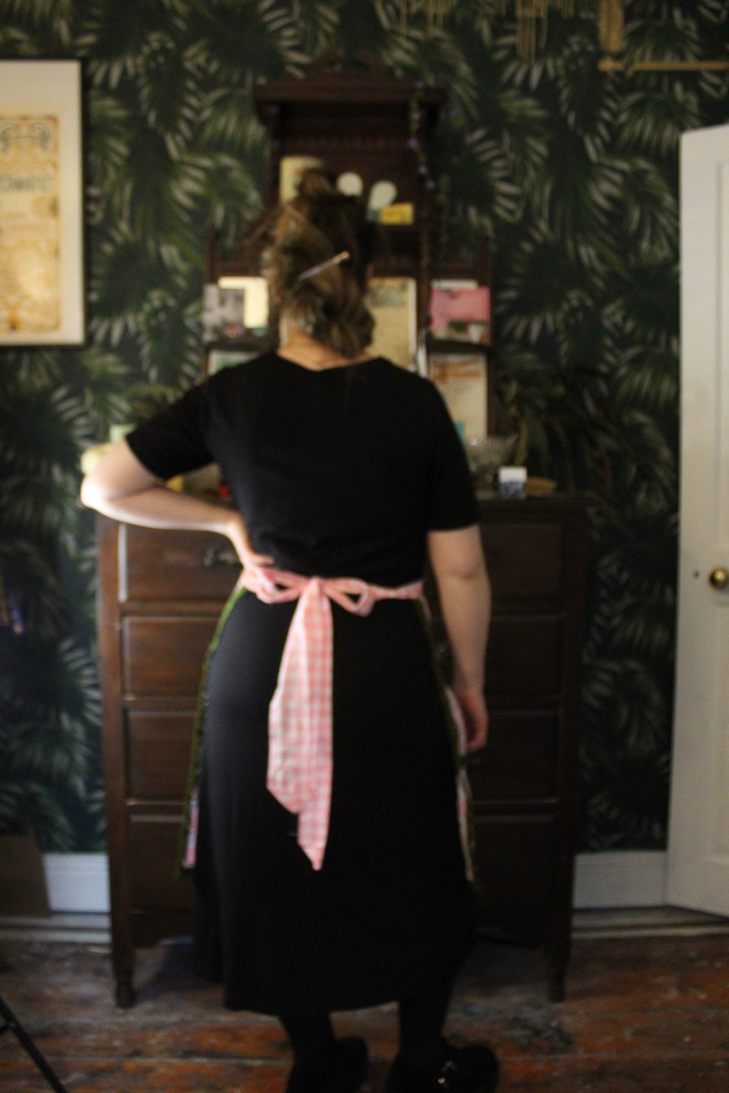 Pink check half apron with crochet trim