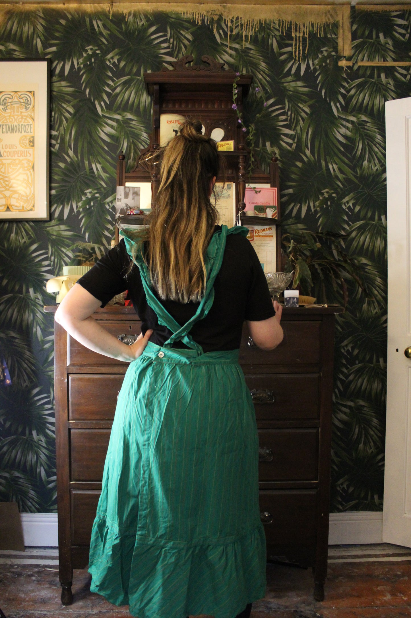 Forest green striped apron