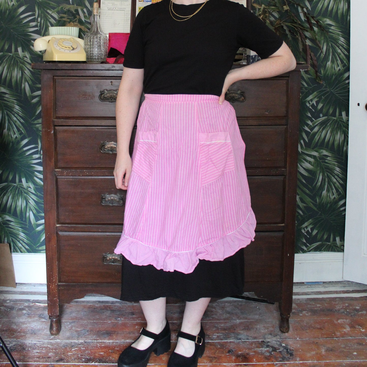 Cute pink half apron with white stripes