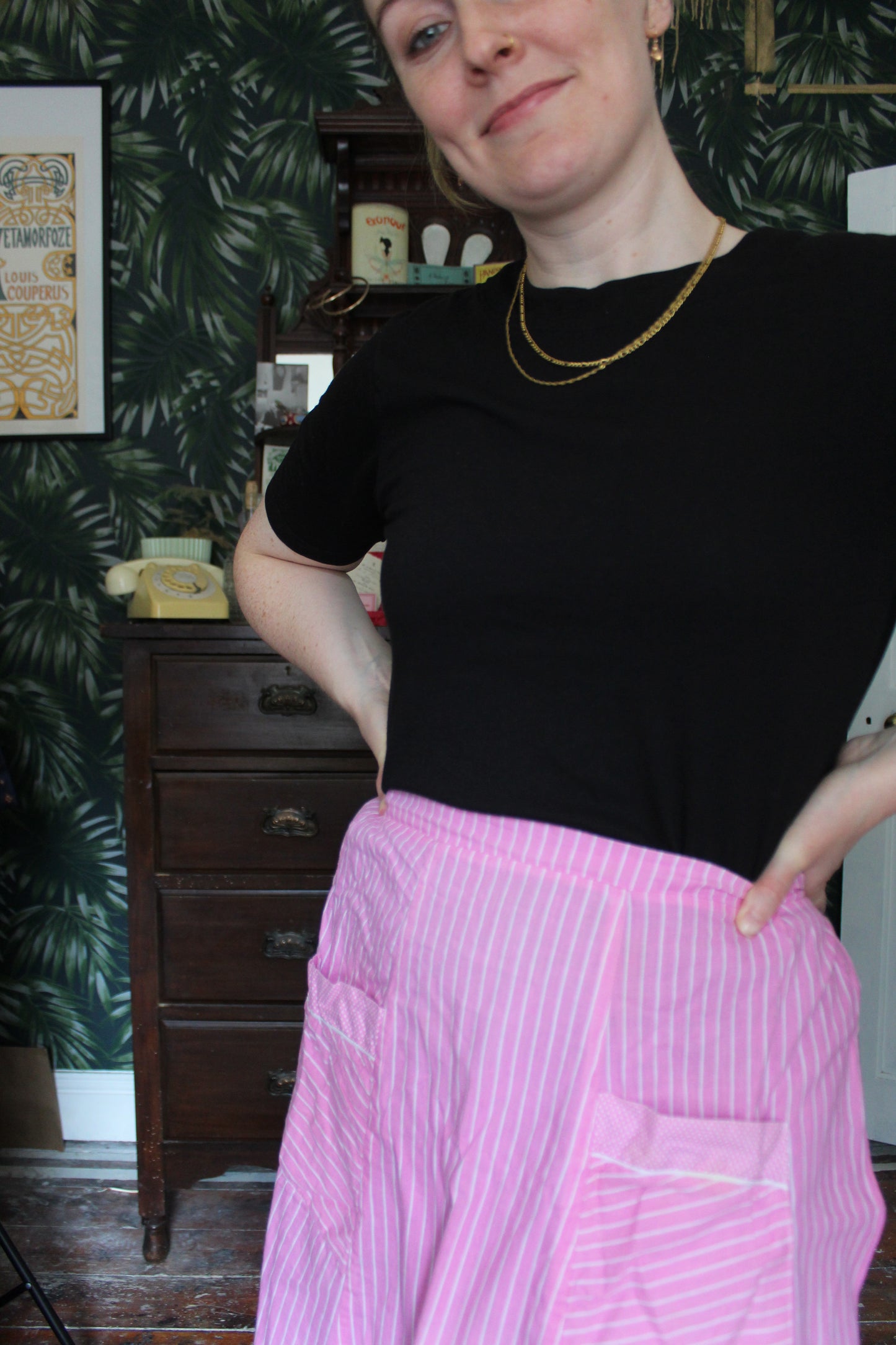 Cute pink half apron with white stripes