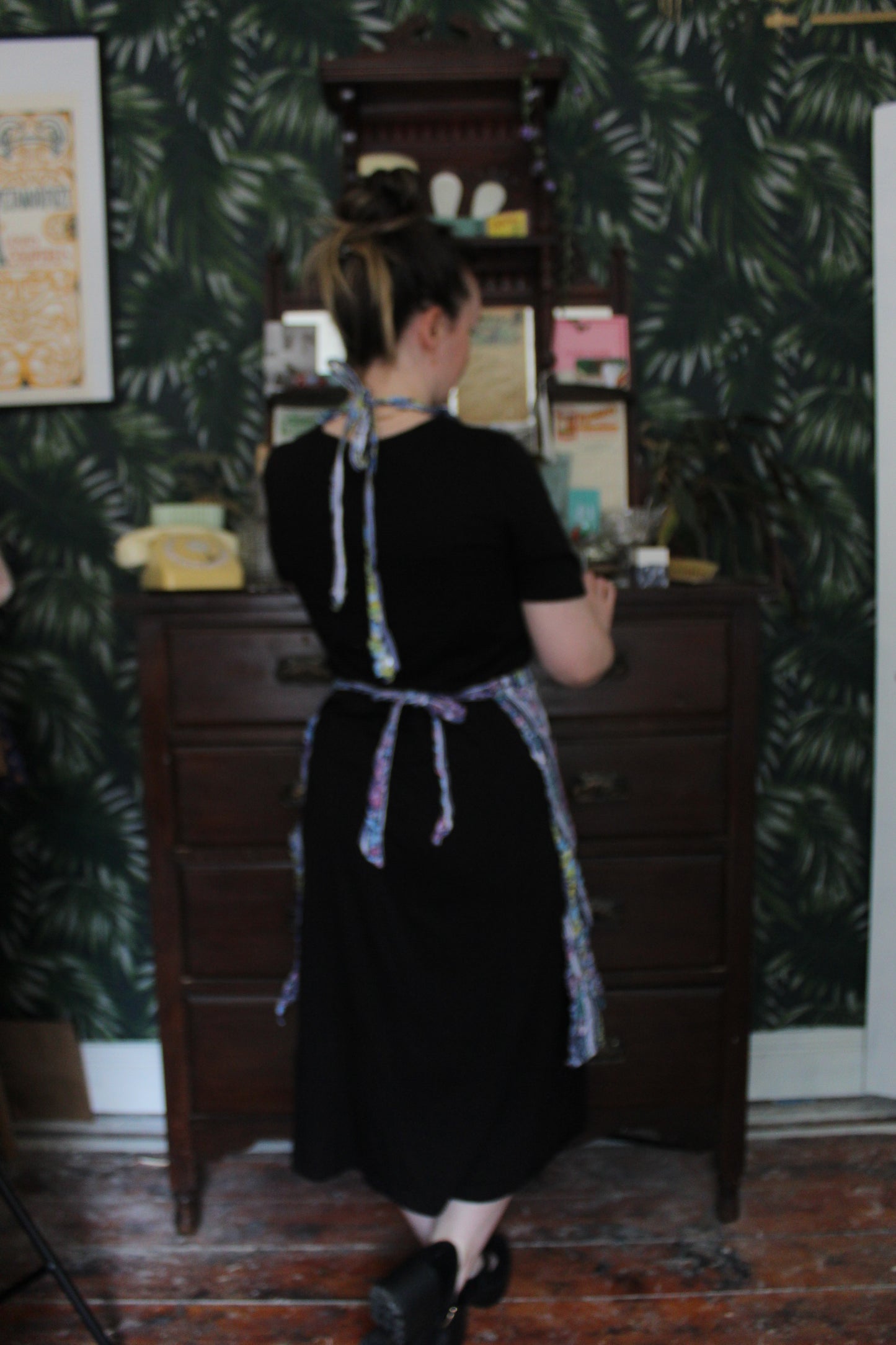 Pink, yellow and navy floral print apron