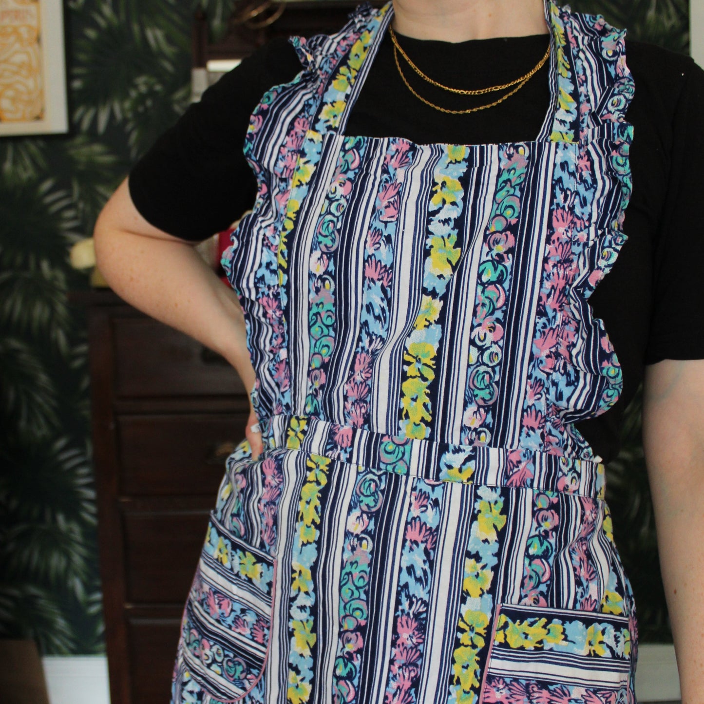 Pink, yellow and navy floral print apron