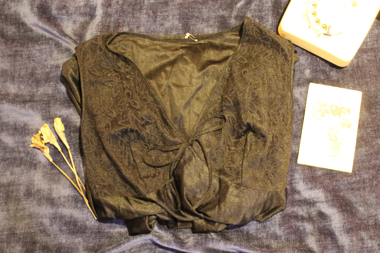 Full length sleeveless black nightgown with daisy mesh bust