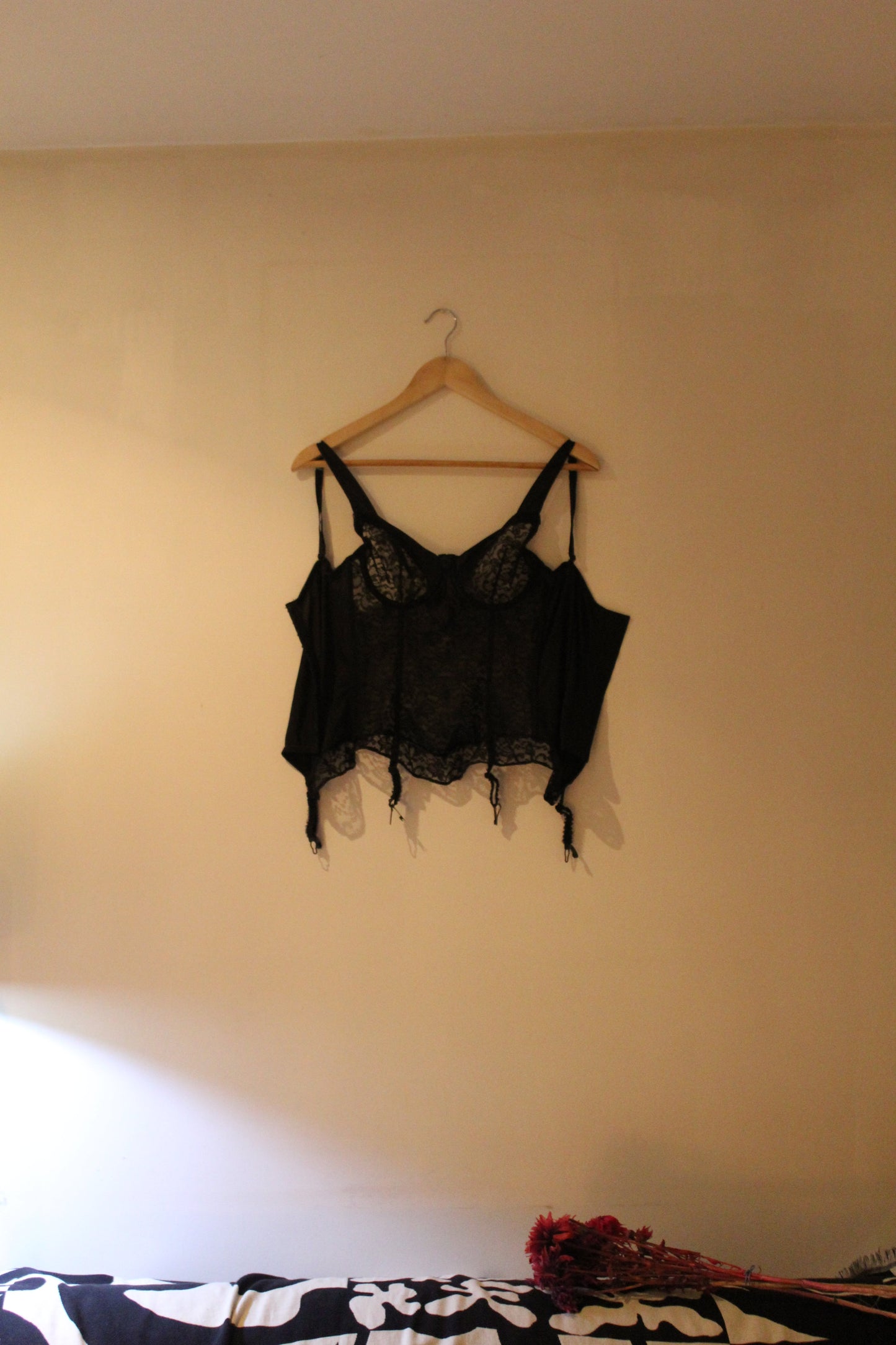 Floral print black corset with garter belts