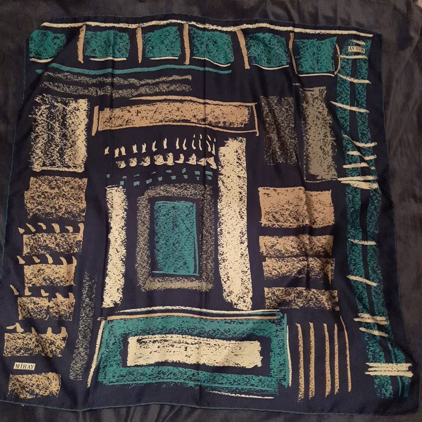 Navy scarf with emerald and custard chalk prints