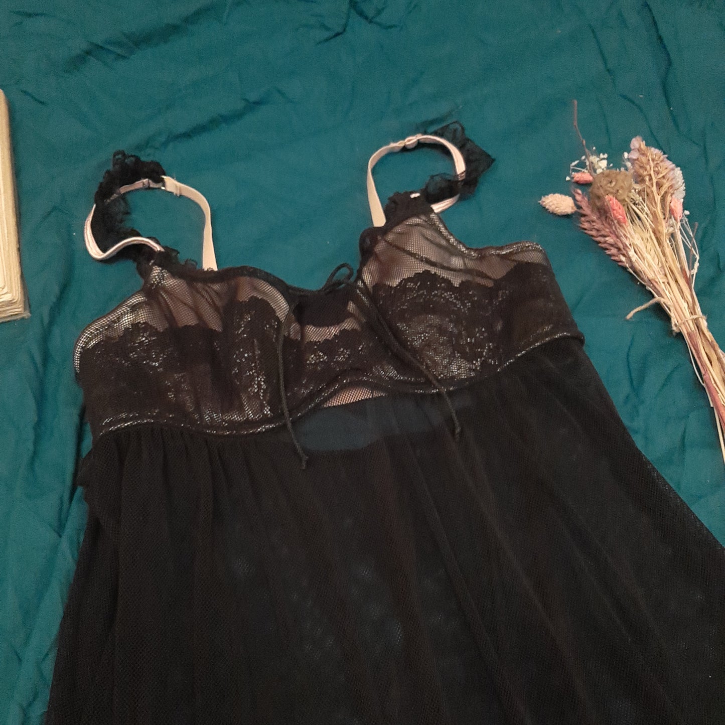 Black net slip with pink tones