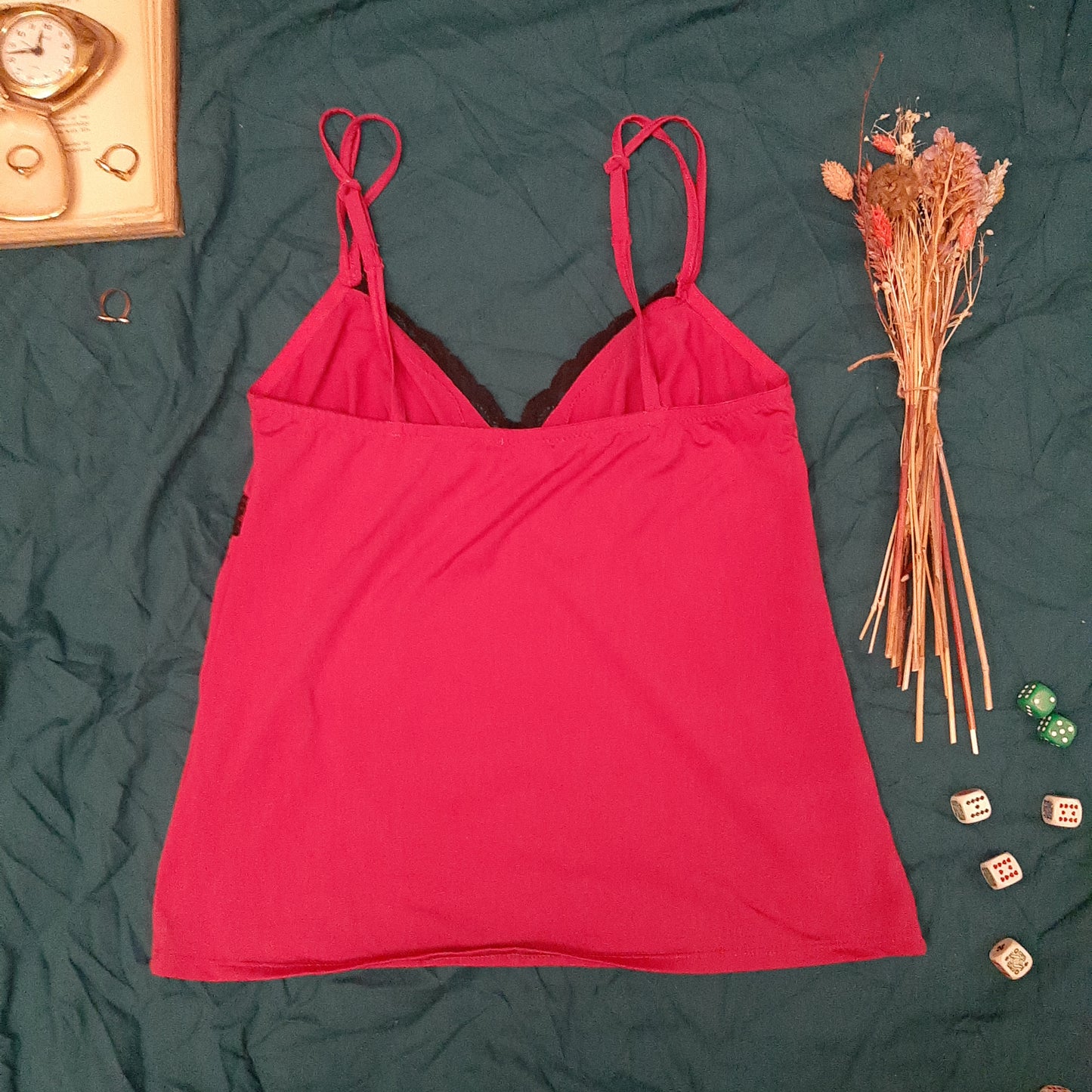Electric pink tank and black lace trim