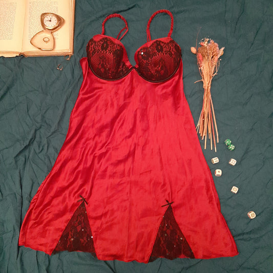Red slip with black lace and jewel detail