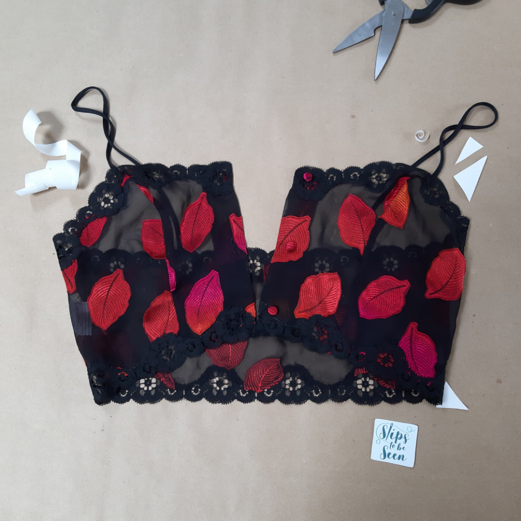 Black Doralyse Bralette with Red Leaf Pattern