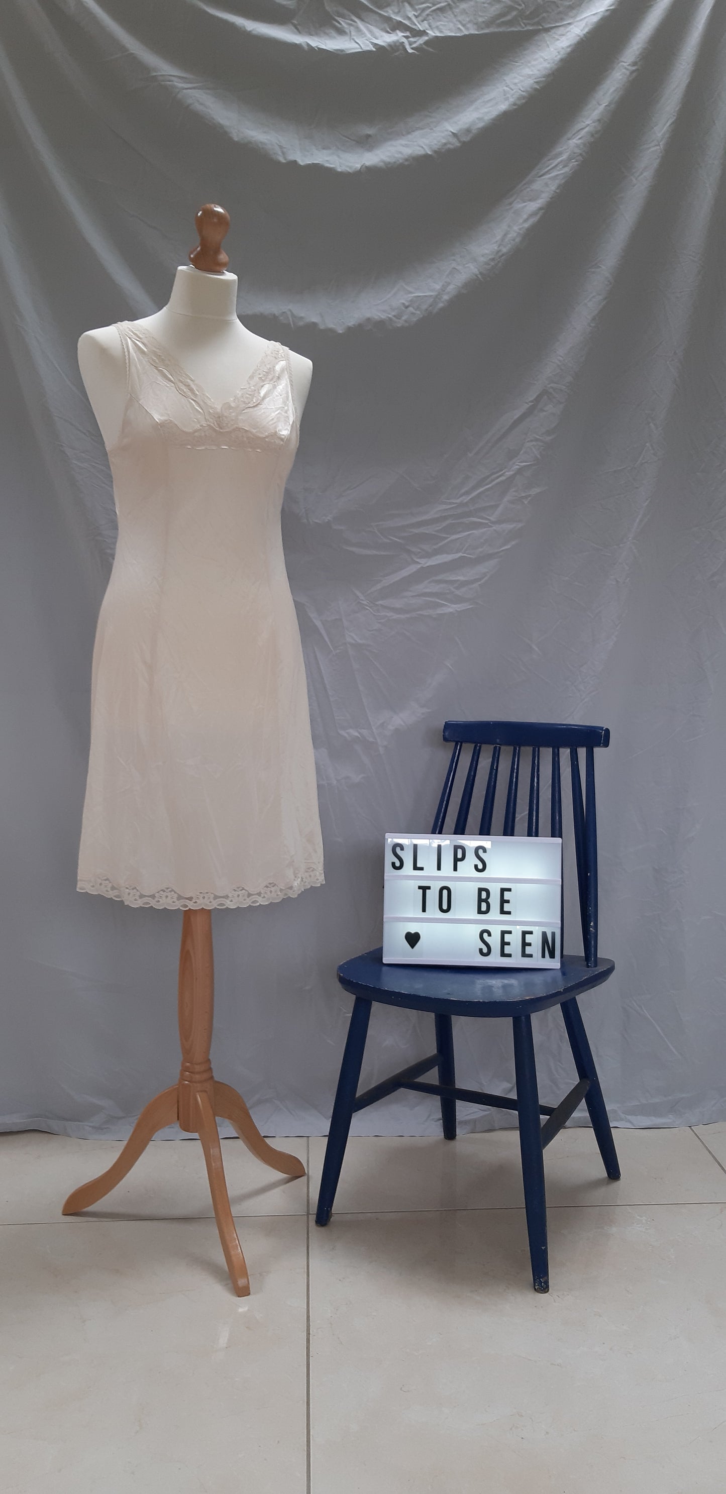 Champagne slip with lace panelling and loop trim