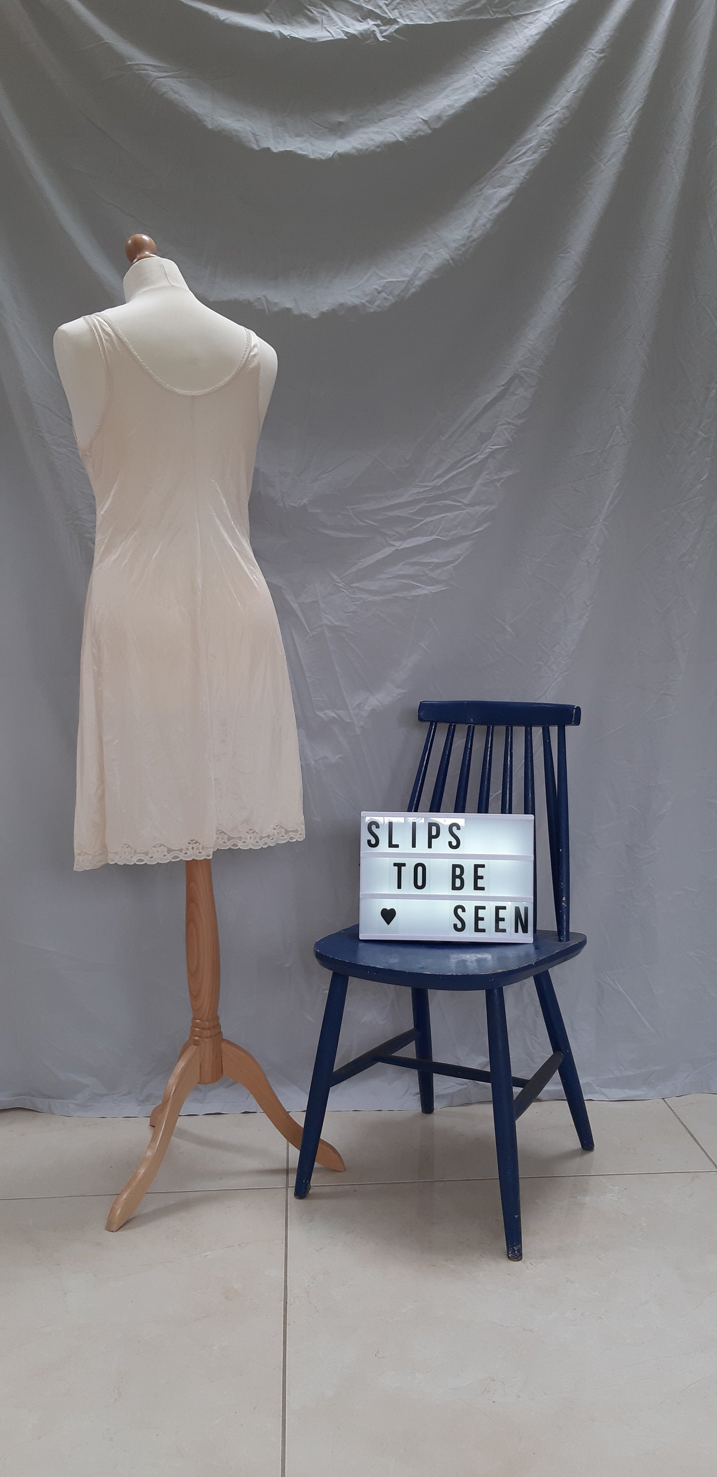 Champagne slip with lace panelling and loop trim