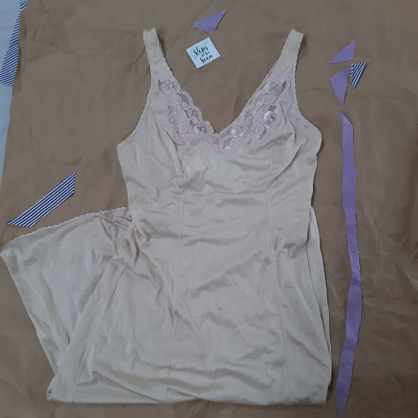 Champagne slip with pink lace detail and loop shape trim