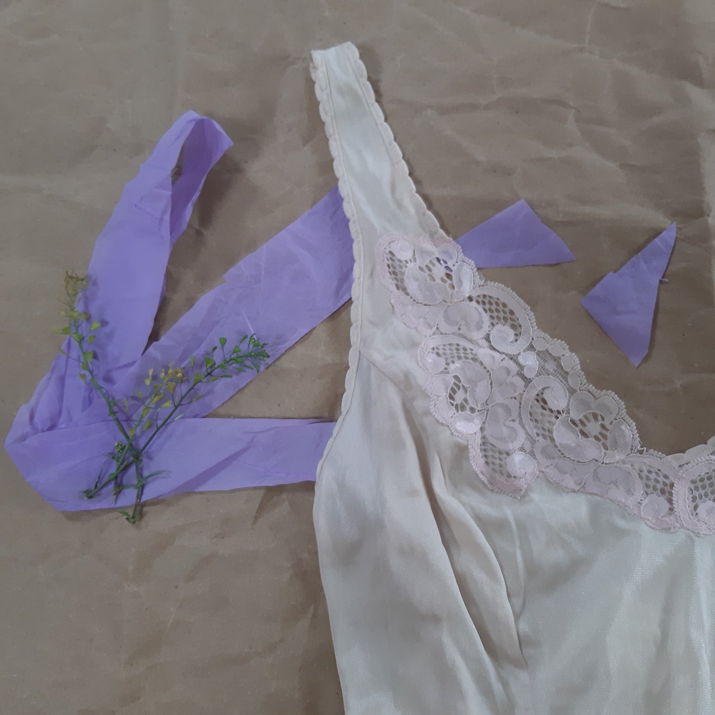 Champagne slip with pink lace detail and loop shape trim