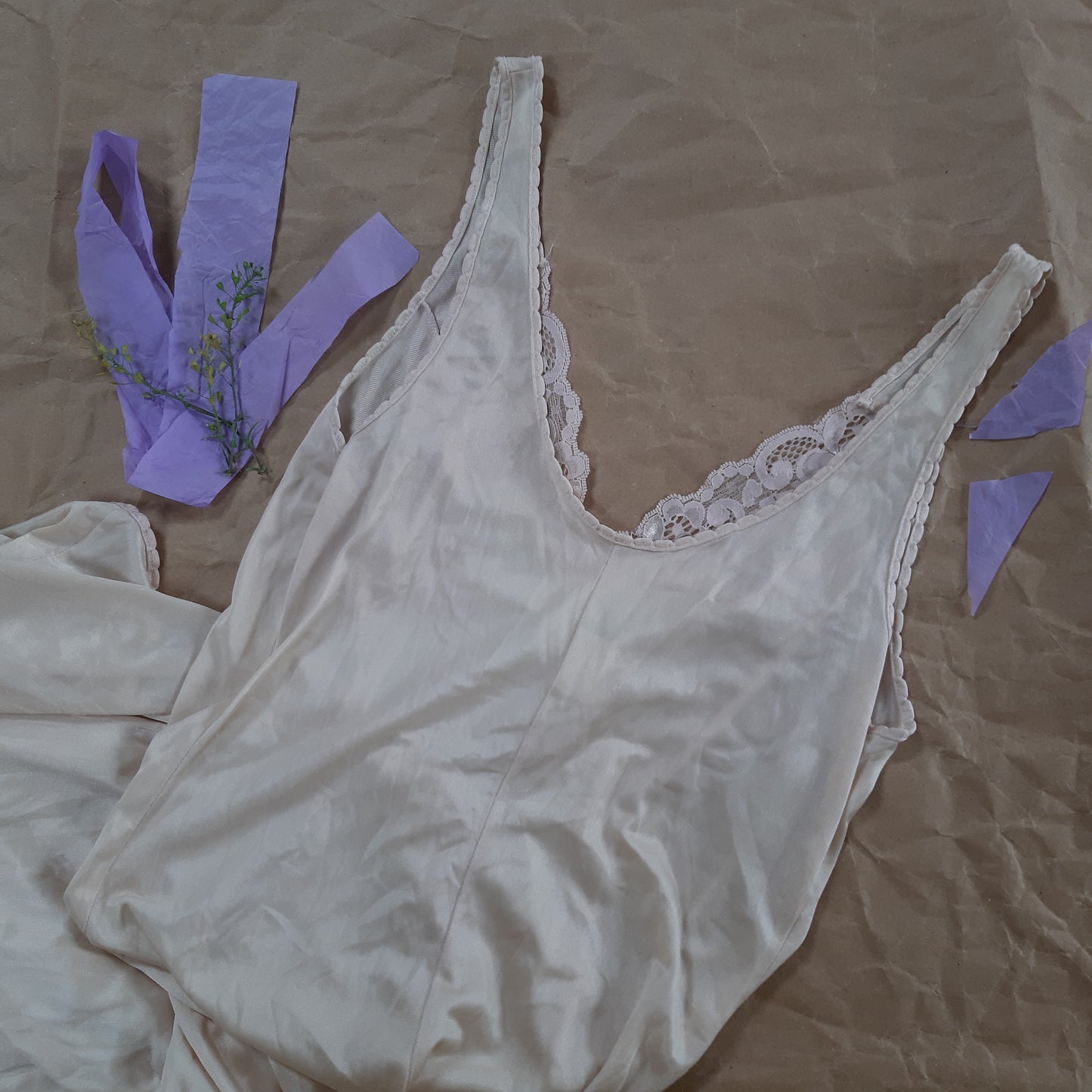 Champagne slip with pink lace detail and loop shape trim