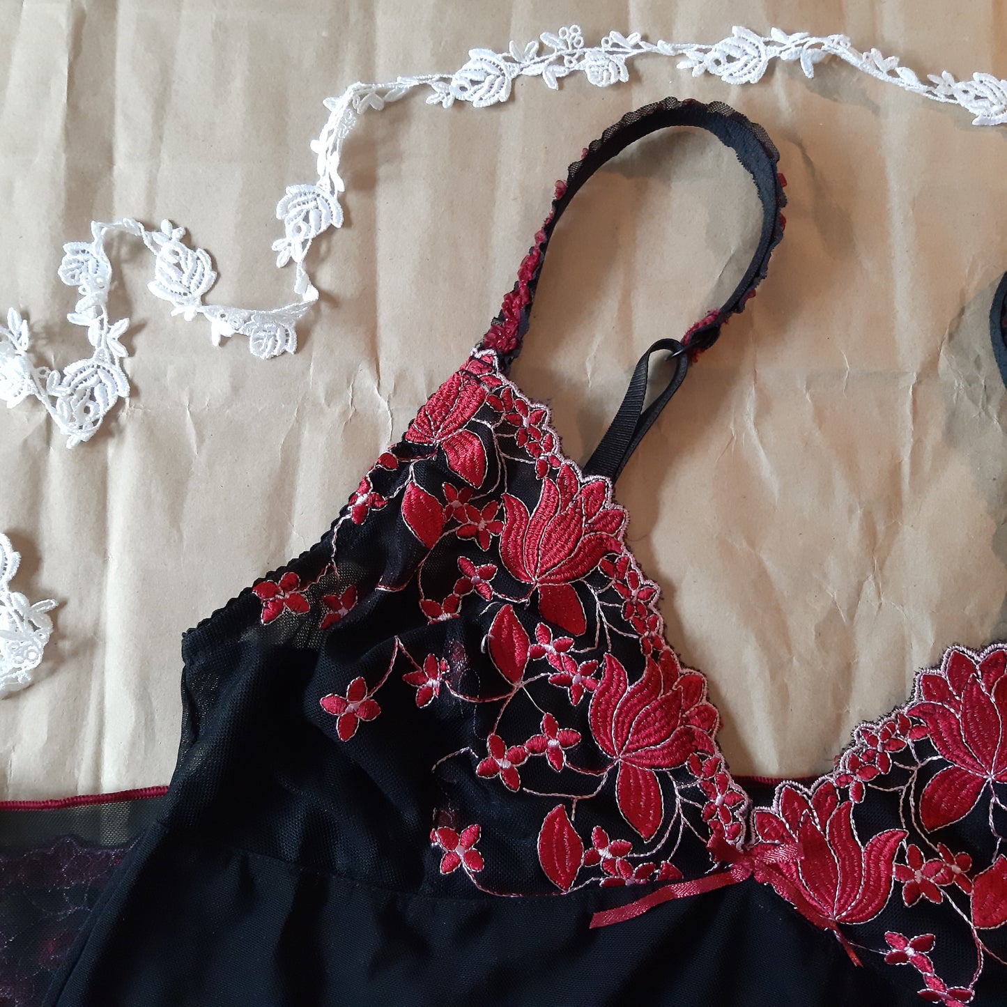 Black Slip with Red Floral Trim