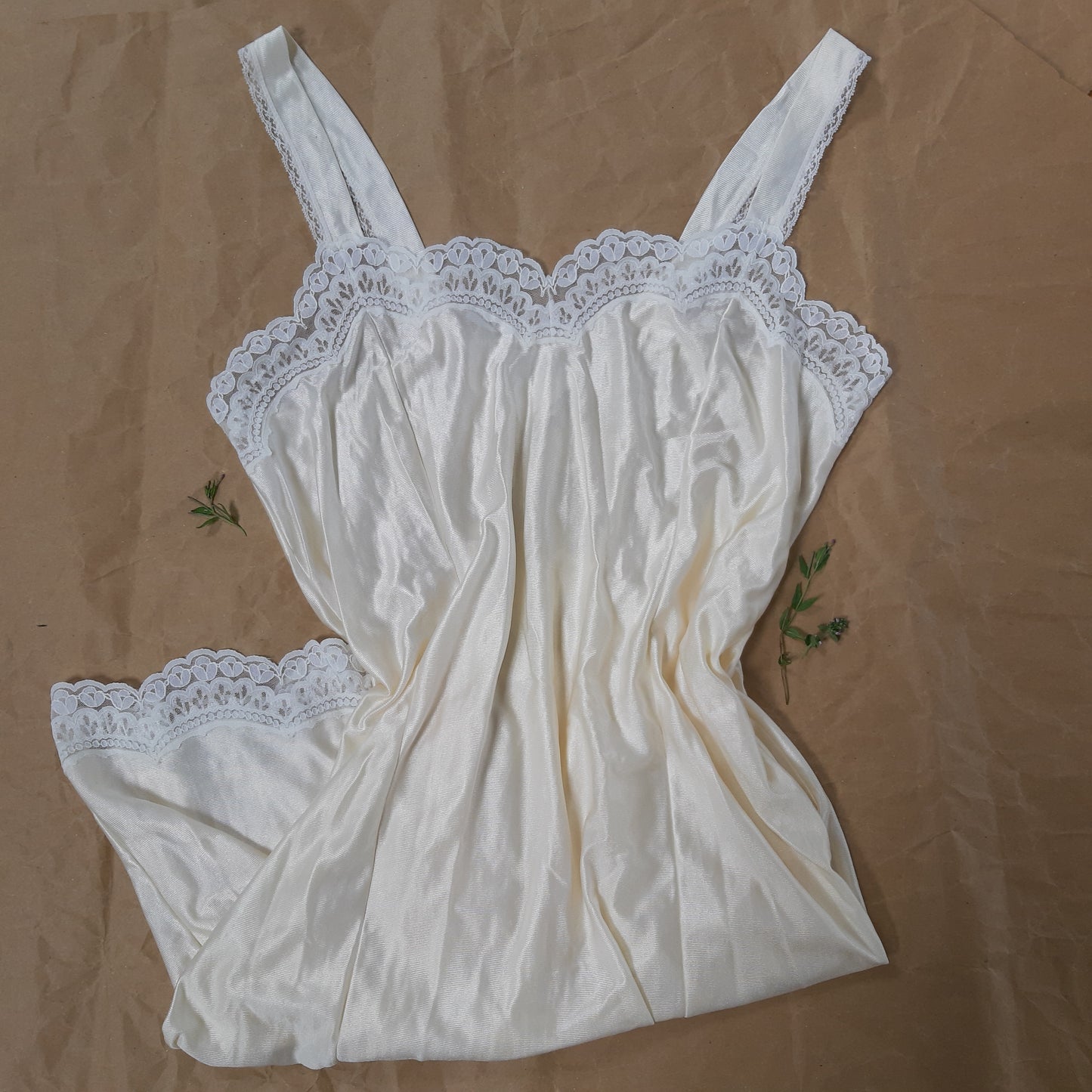 Champagne slip with white floral trim