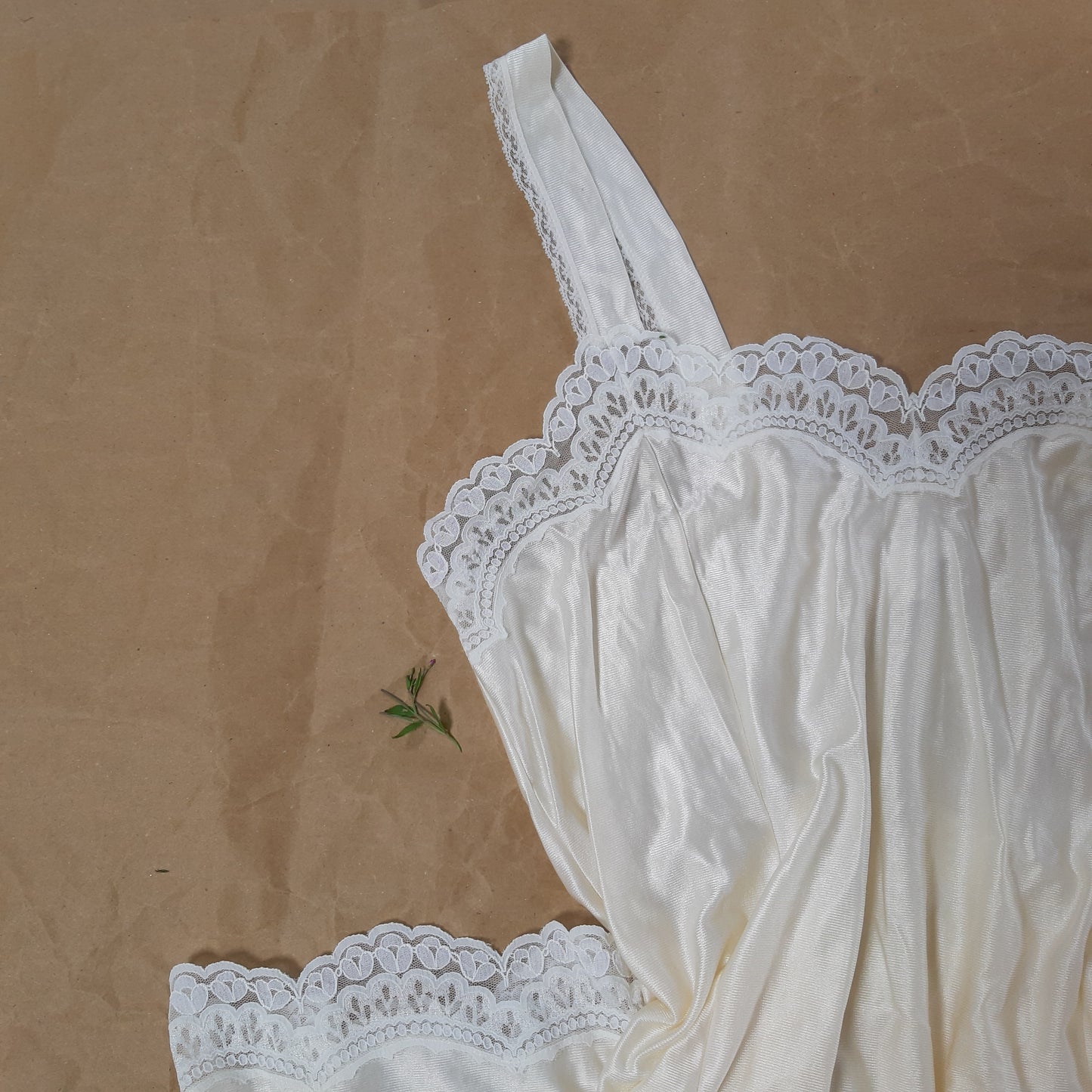 Champagne slip with white floral trim