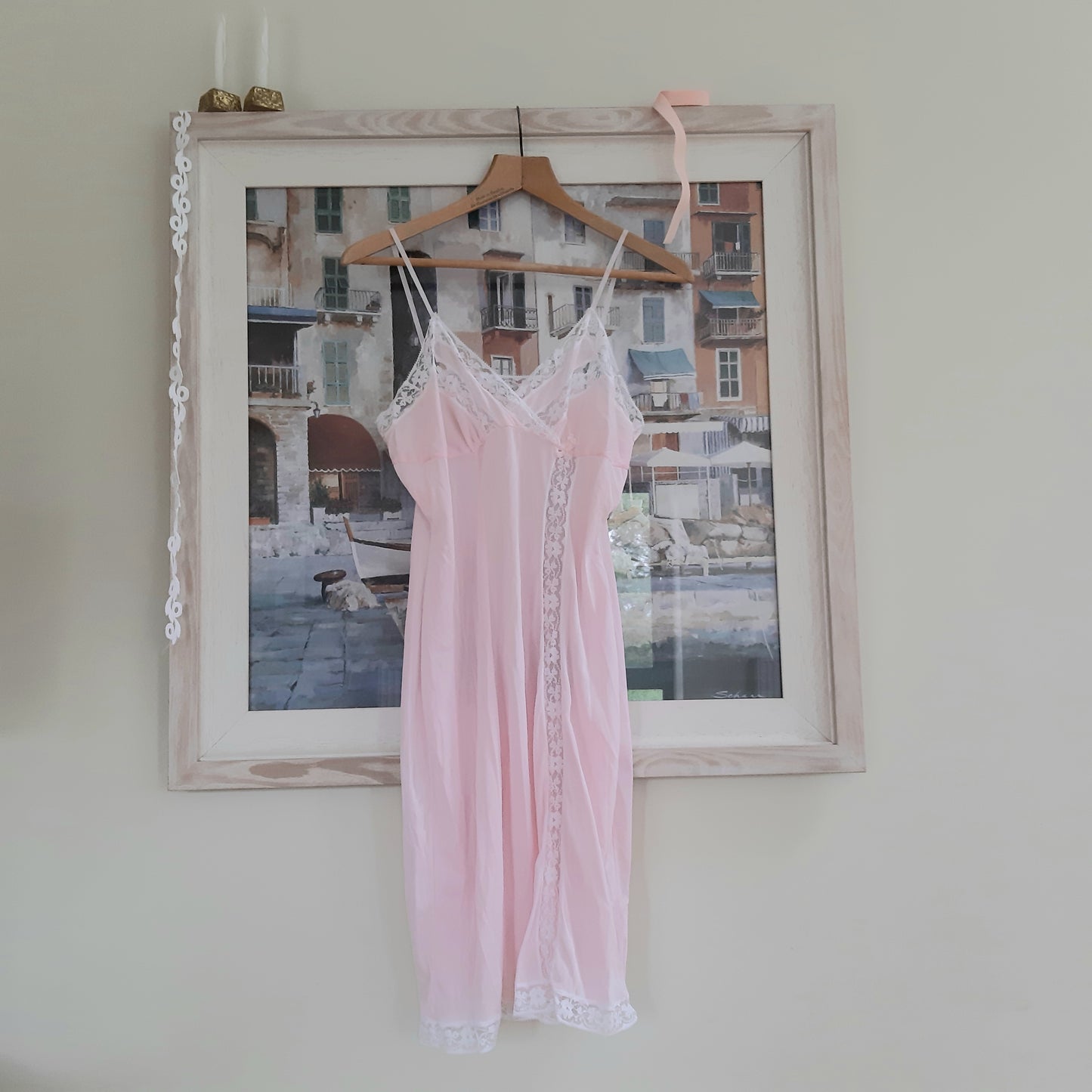 Pink nylon slip with white trim