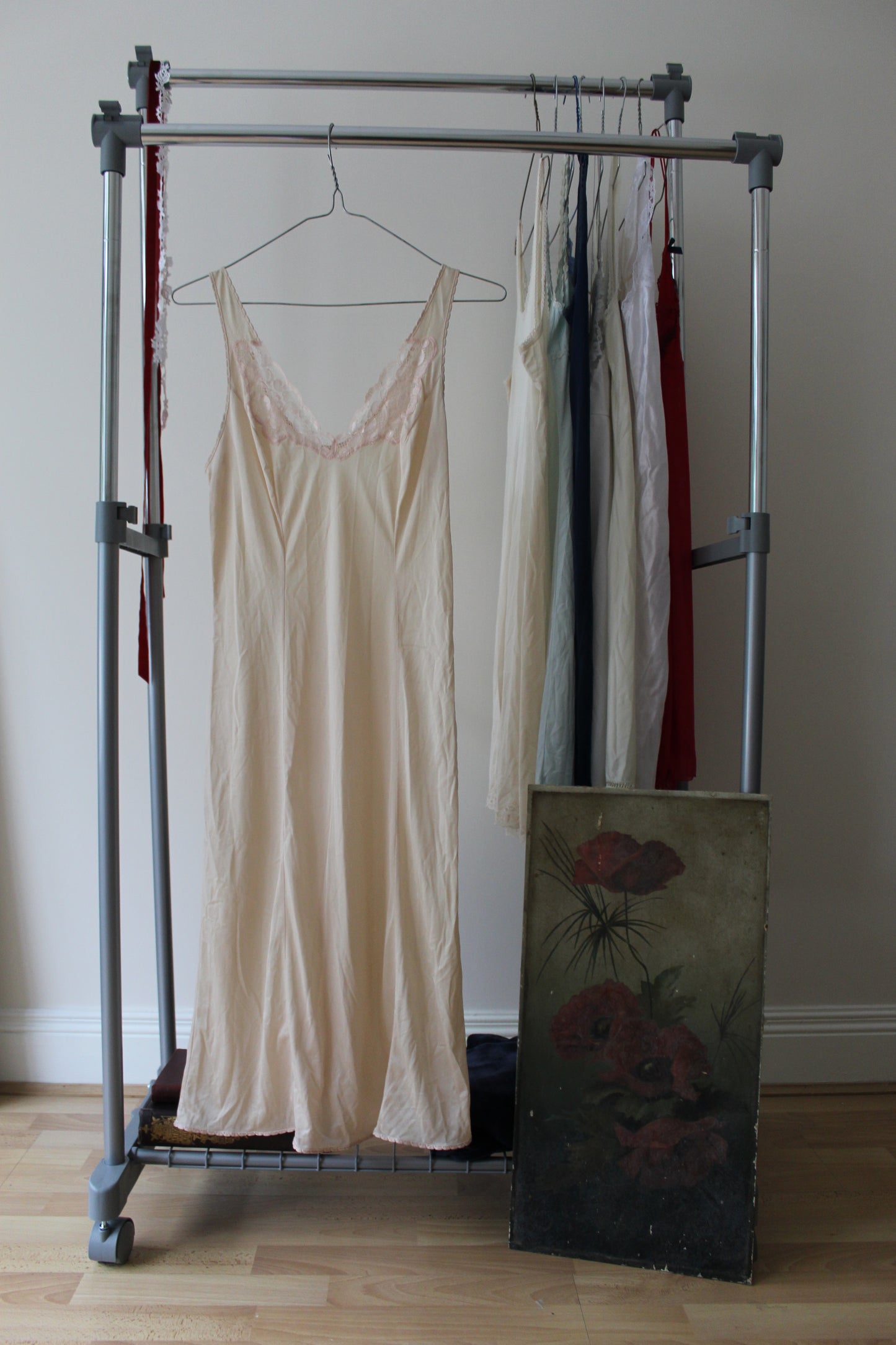 Champagne slip with pink lace detail and loop shape trim