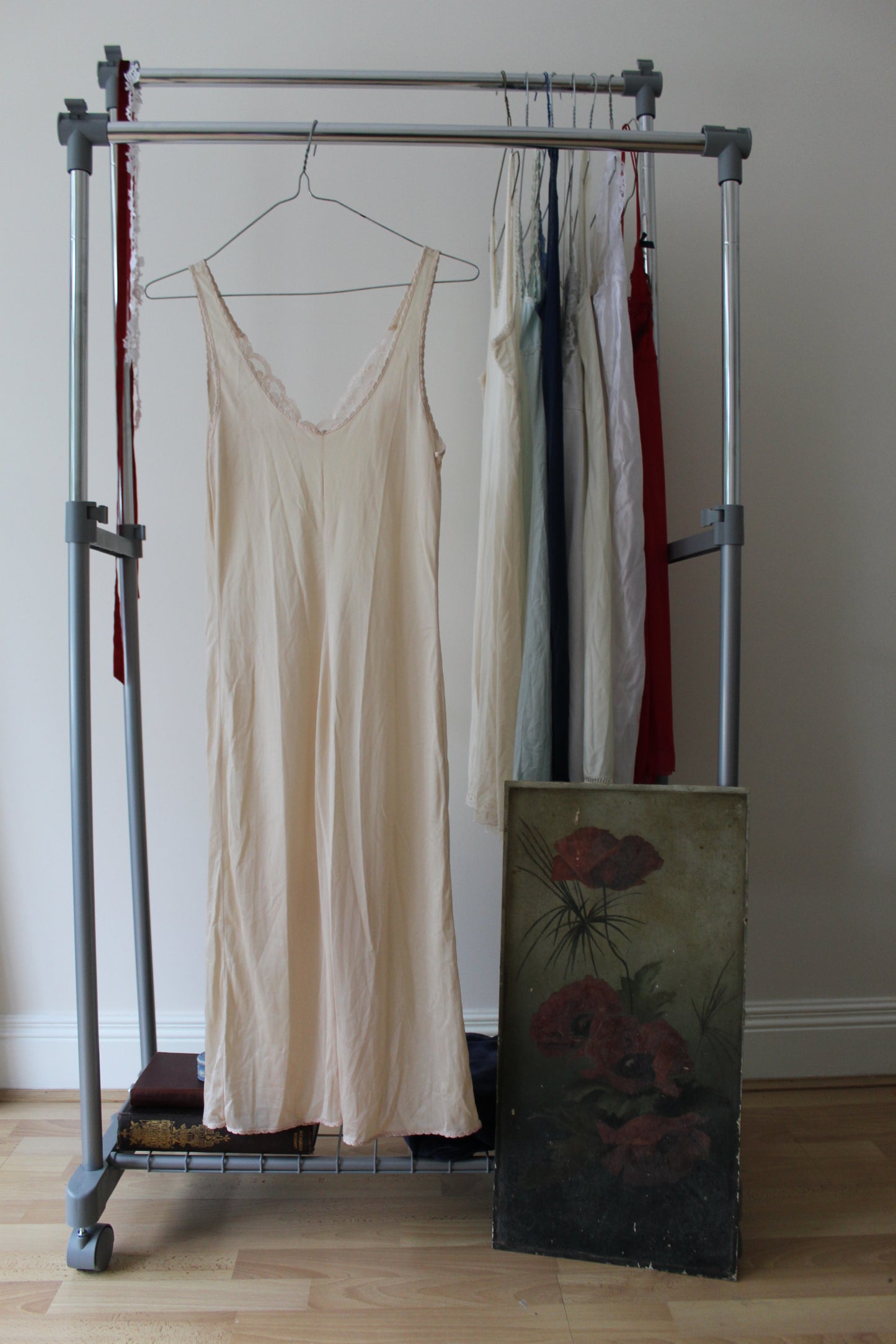 Champagne slip with pink lace detail and loop shape trim