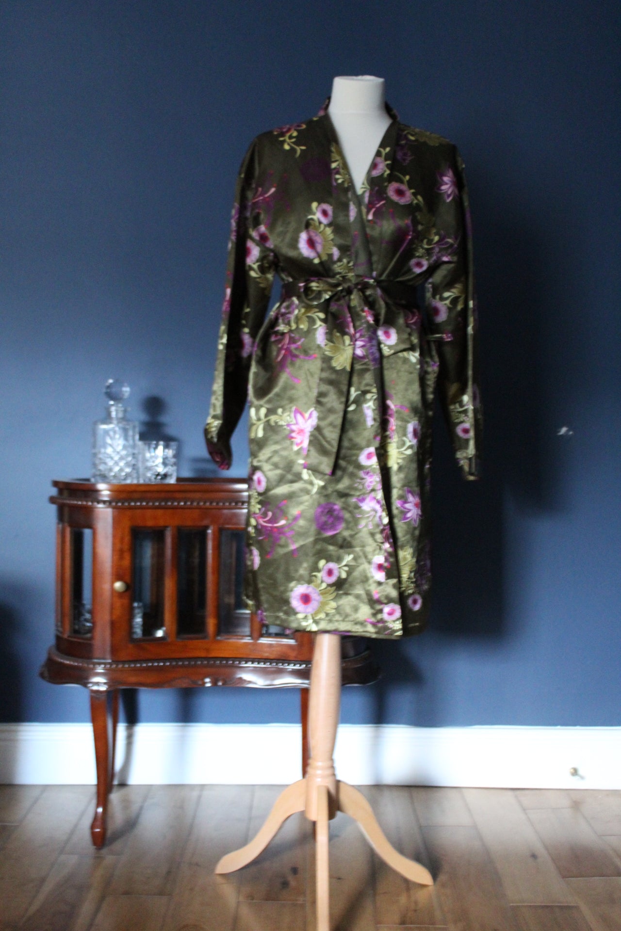 Olive green robe with purple floral pattern