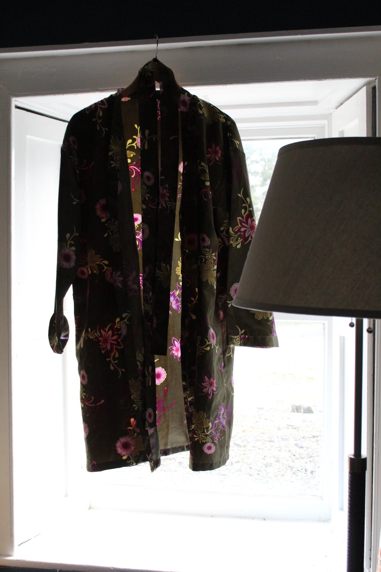 Olive green robe with purple floral pattern