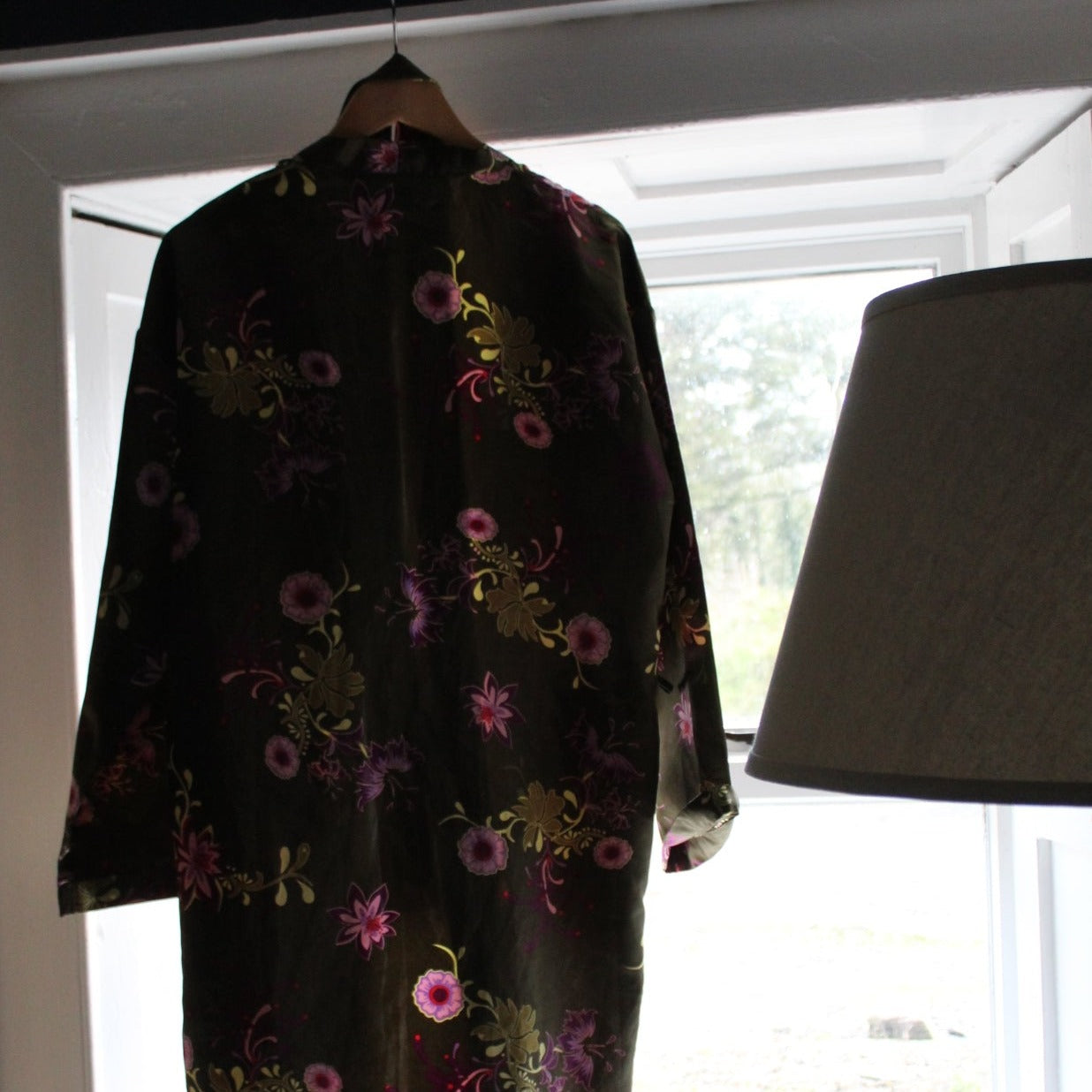 Olive green robe with purple floral pattern