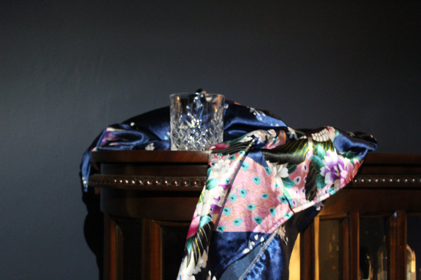 Royal blue silk robe with pink and green floral design