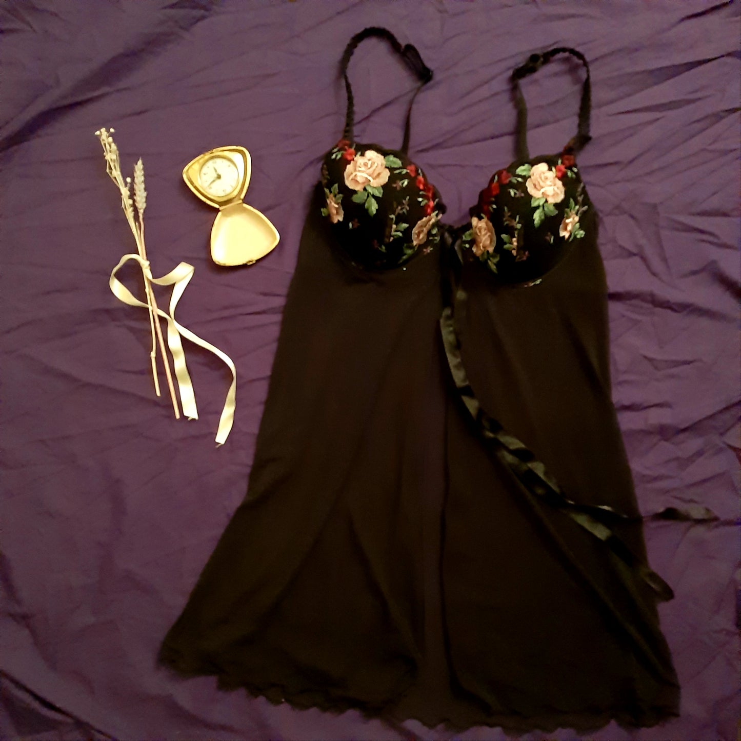 Black slip with embroidered florals