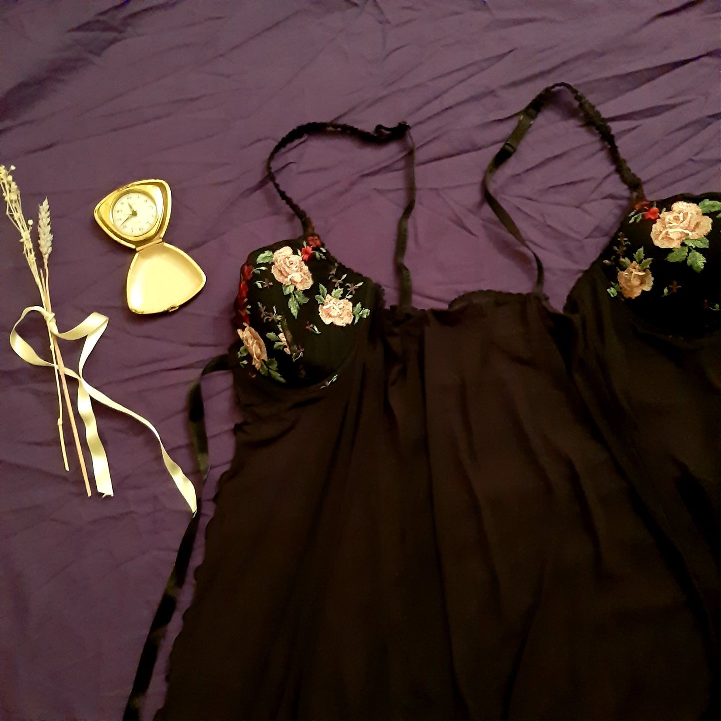 Black slip with embroidered florals