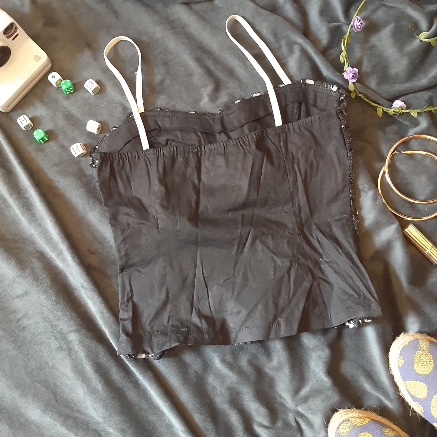 Black and metallic mesh corset