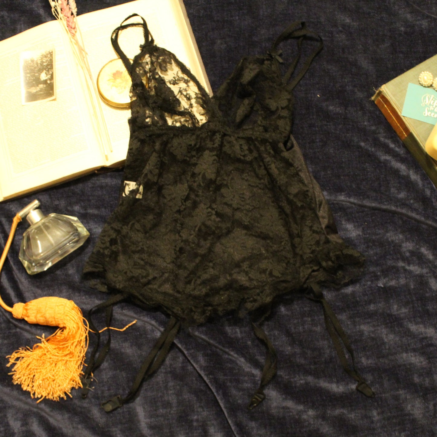 Black lace top with garter belts