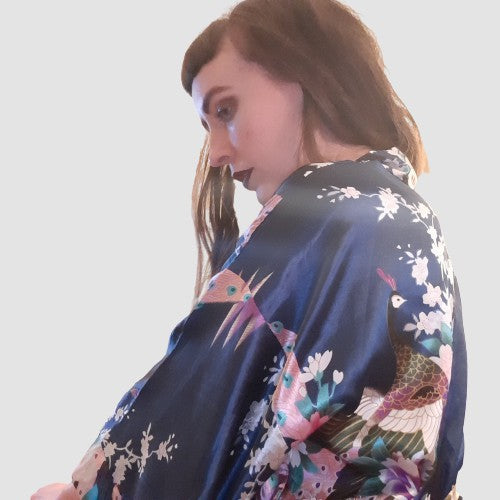 Royal blue silk robe with pink and green floral design