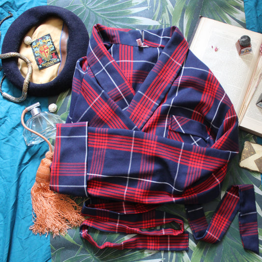 Navy and red check robe