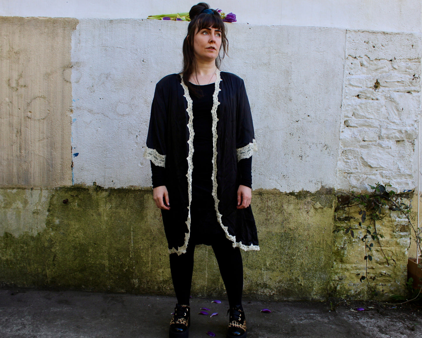 Silky black robe with champagne trim