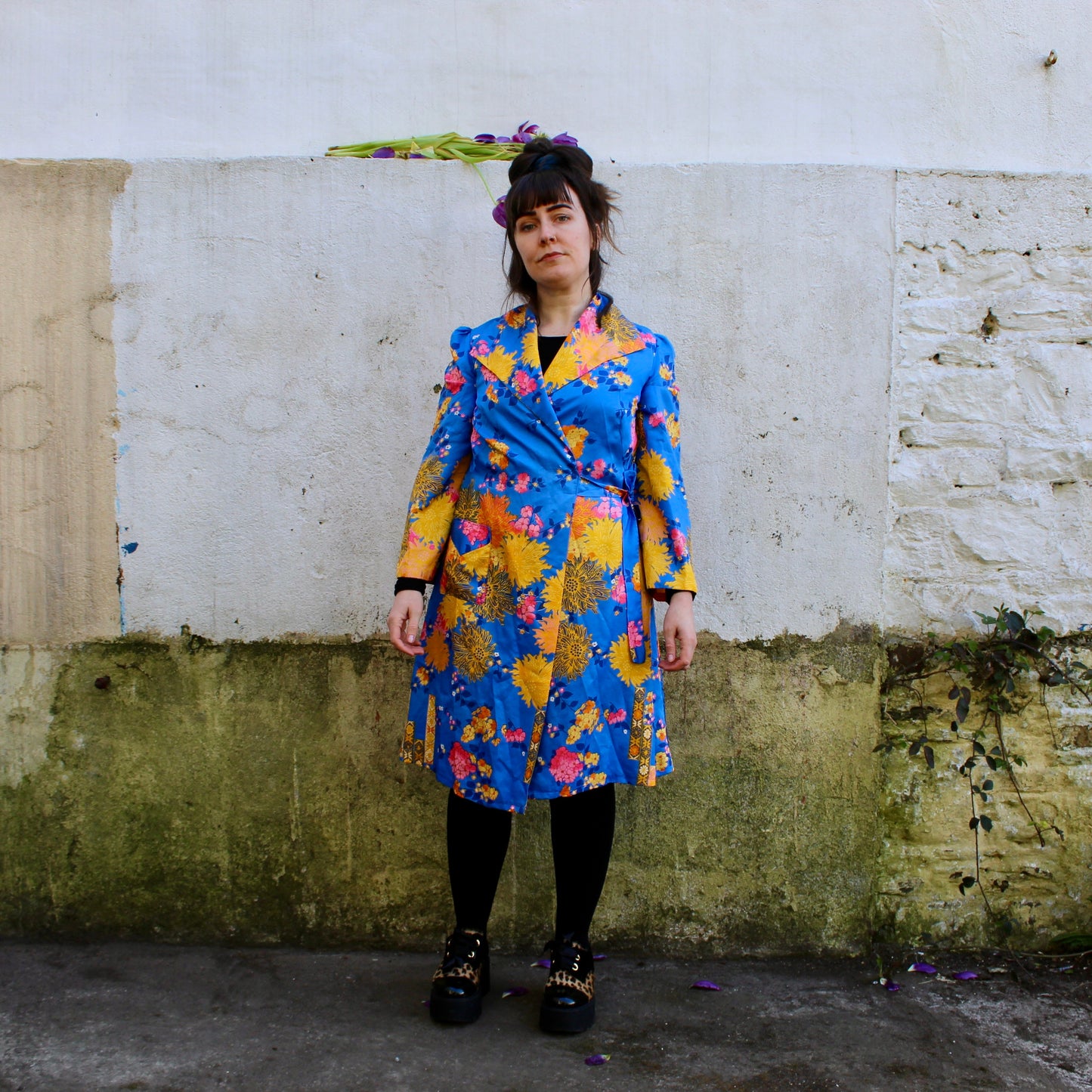 Handmade blue robe with vibrant florals