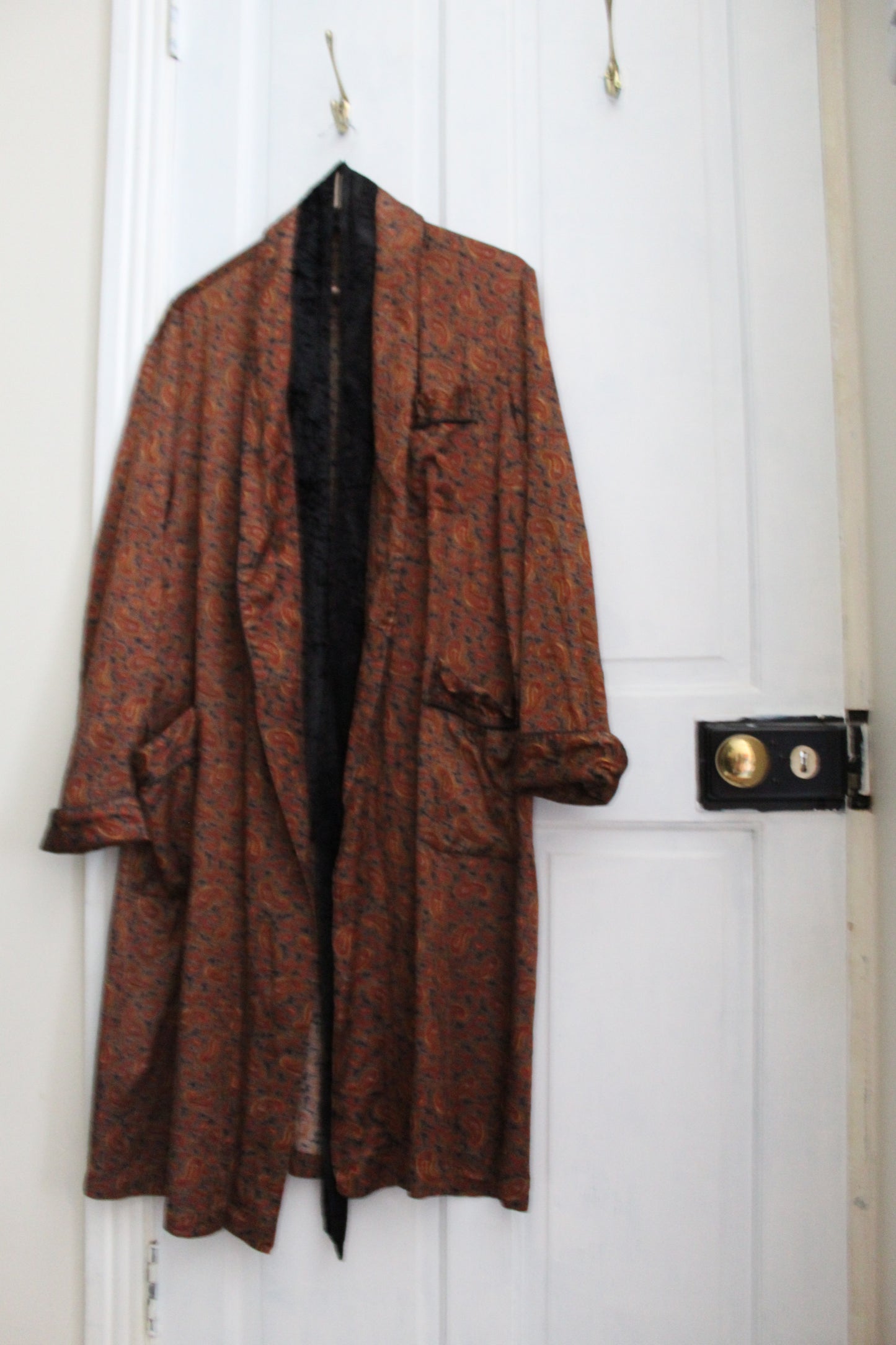 Amber paisley robe with black crushed velvet belt