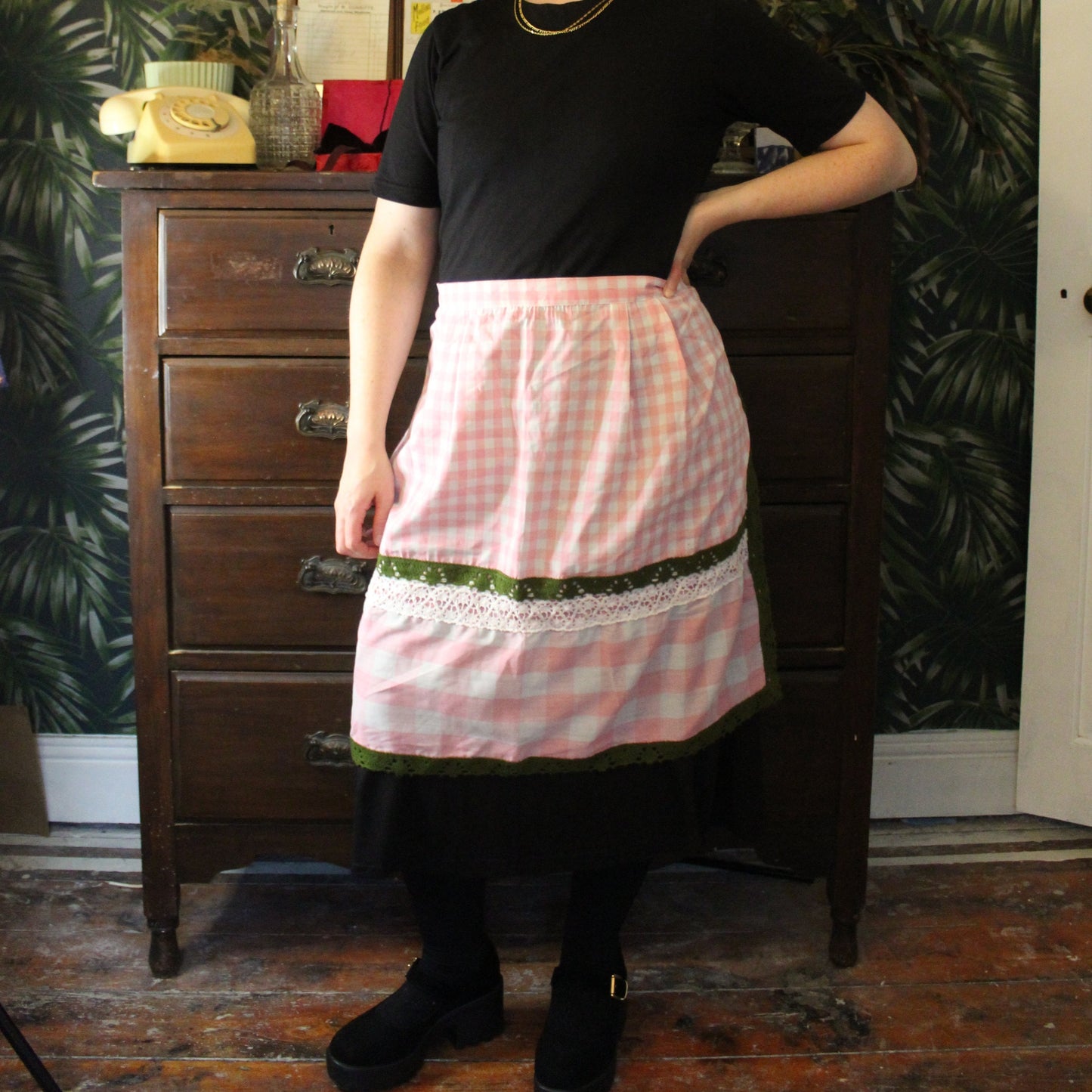 Pink check half apron with crochet trim