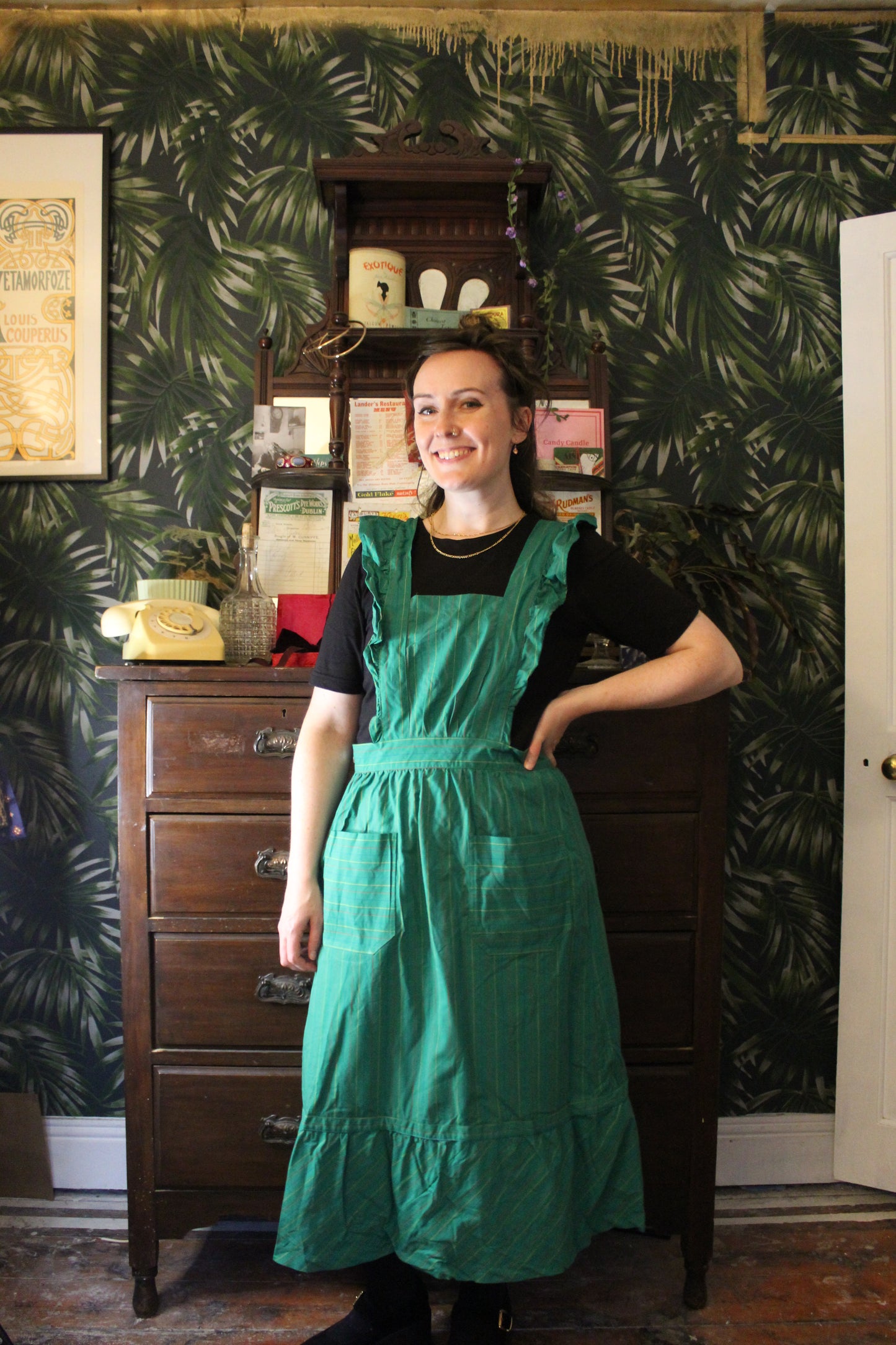 Forest green striped apron