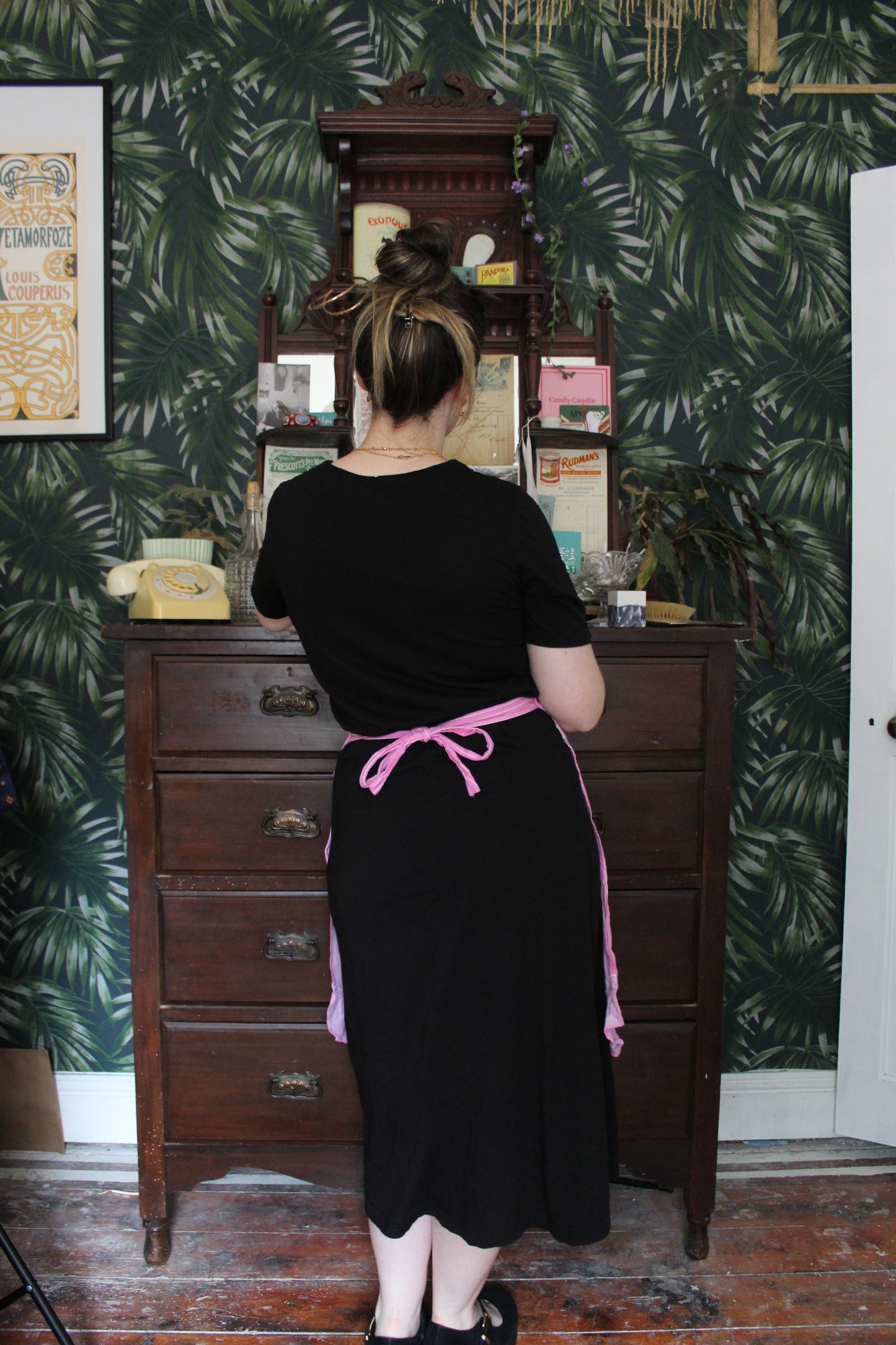 Cute pink half apron with white stripes
