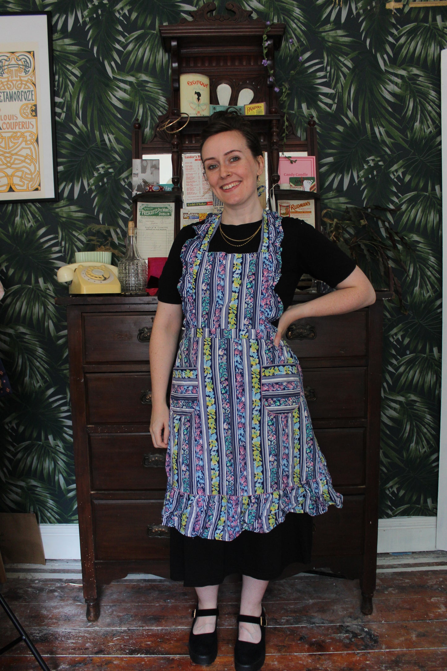 Pink, yellow and navy floral print apron