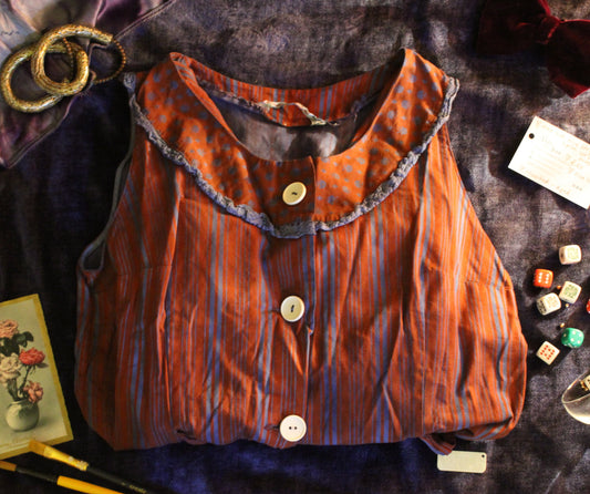 Wine and blue striped apron with white buttons