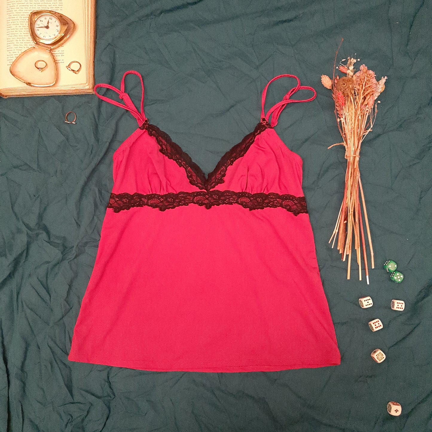 Electric pink tank and black lace trim